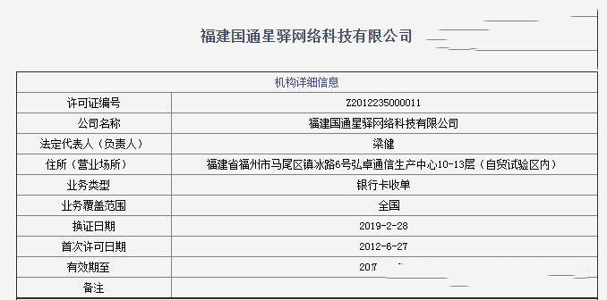 星驿付最新支付牌照 福建国通星驿网络科技有限公司